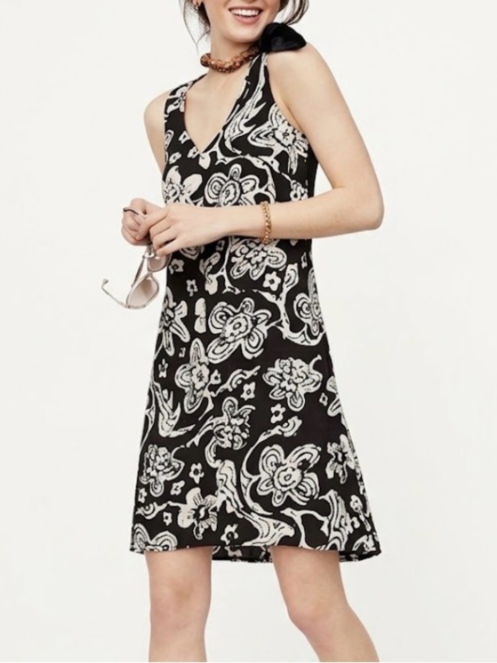 CAbi Black & White Floral V-Neck Mini Dress